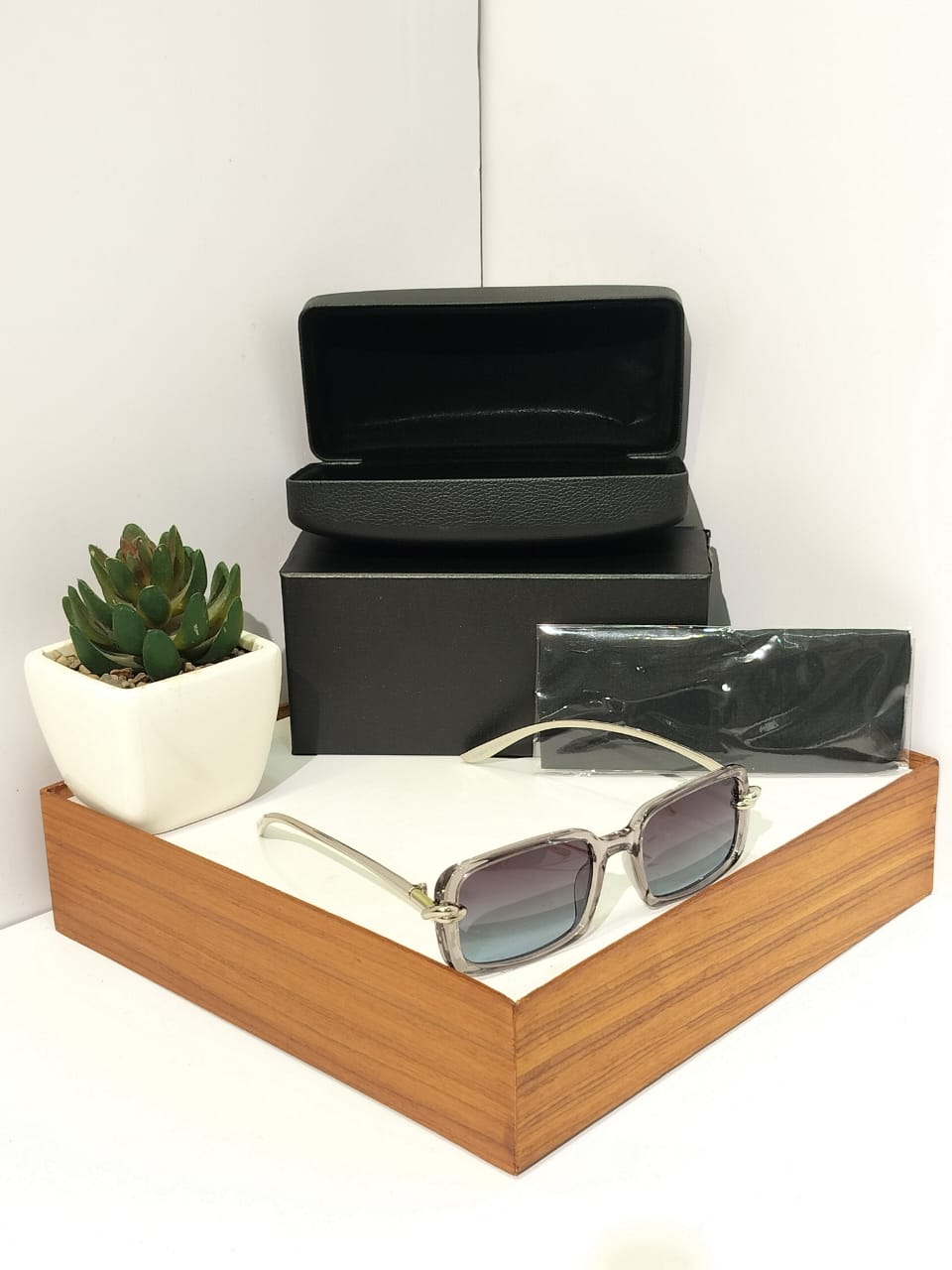 Translucent Square Acetate Sunglasses - Crystal Grey Gold Temple Shades