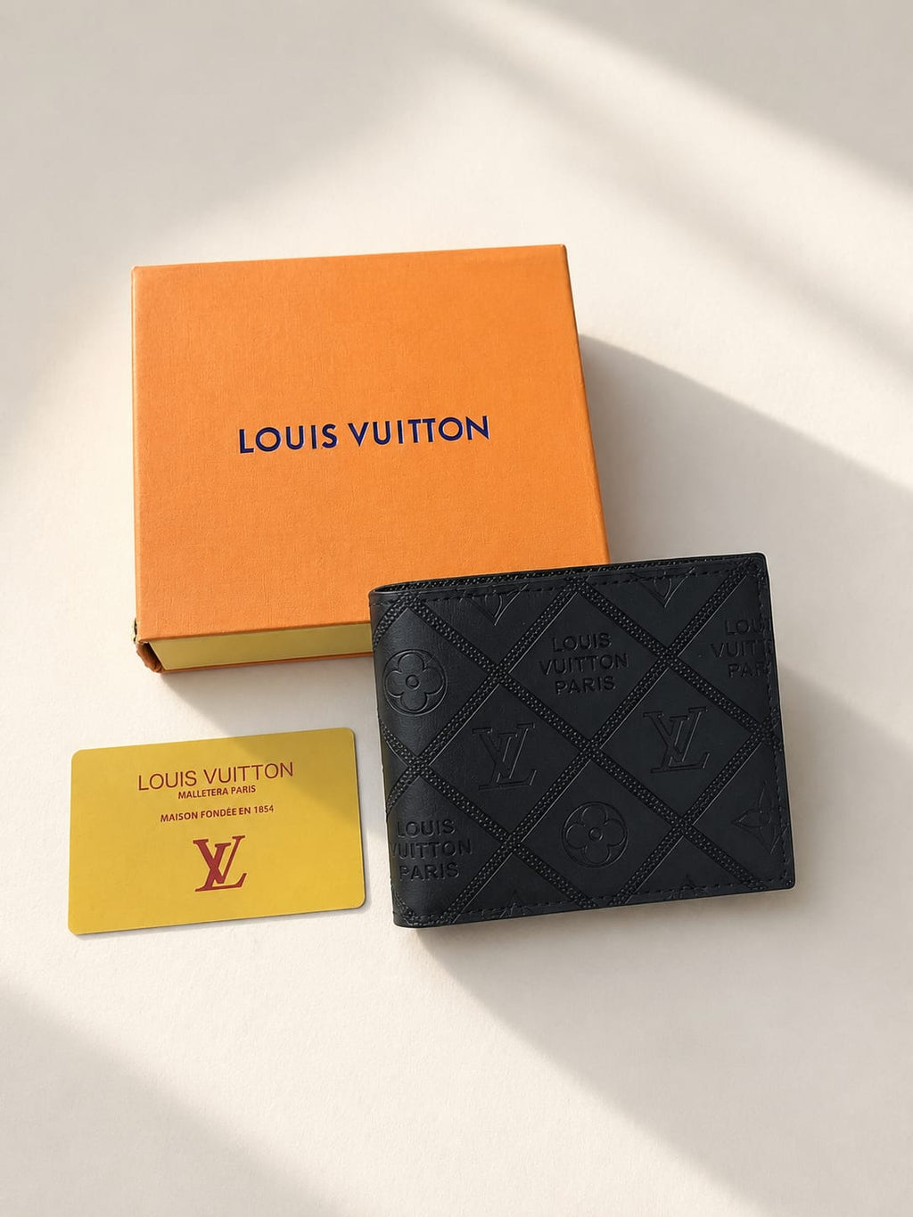 Embossed Diamond Quilted Men's Leather Wallet - Matte Black