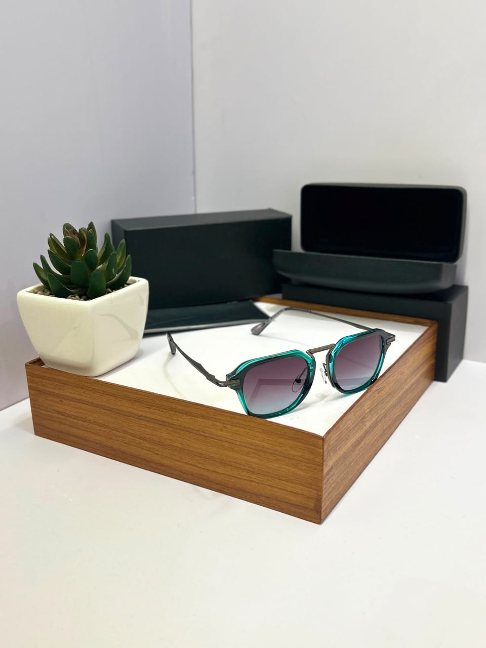 Geometric Angular Combination Sunglasses - Teal Crystal Acetate Gunmetal Frame Shades