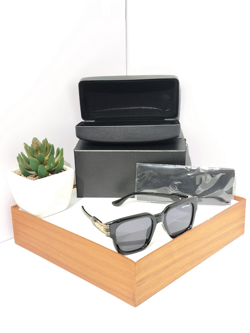Chunky Square Gothic Accented Sunglasses - Black Acetate Gold Hardware Shades