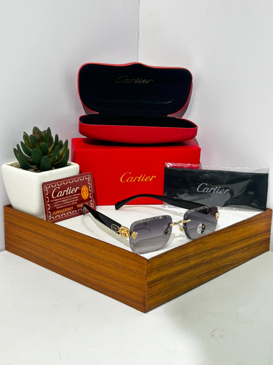 Rimless Diamond Cut Rectangle Sunglasses - Luxury Gold Accented Gradient Shades